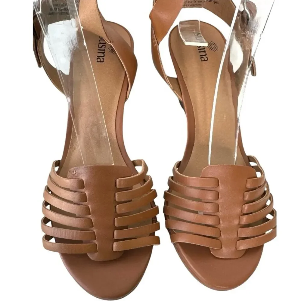 Susina Terra-Lea Cognac Leather Wedge Sandal Size 6.5